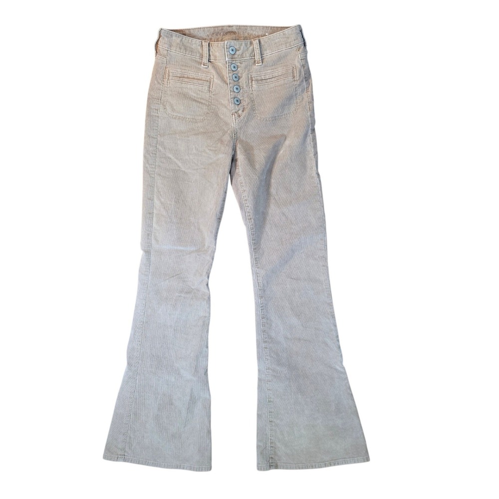 American Eagle Super Hi-Rise Flare Corduroy Pants Tan Khaki‎ Button Fly Size 4